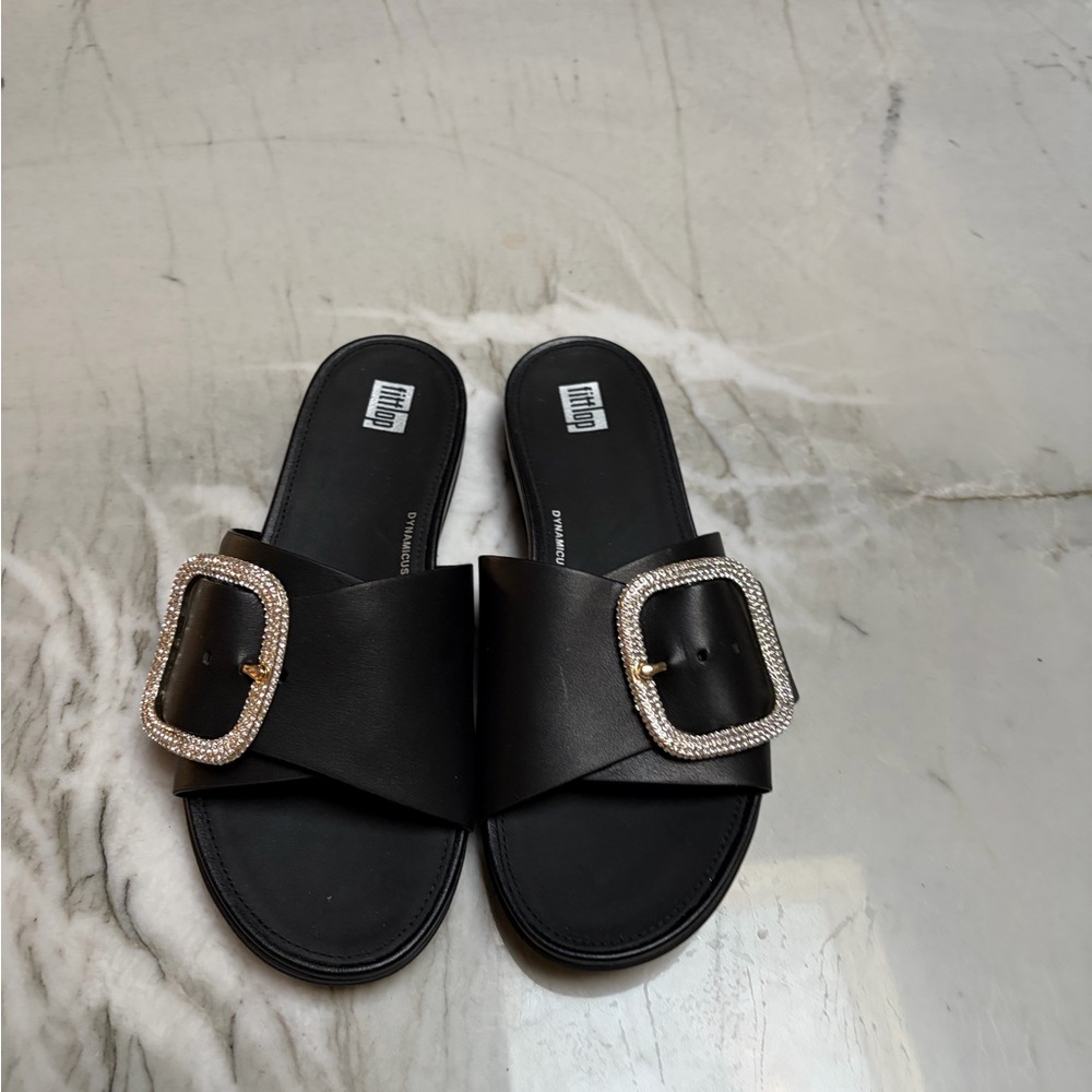Fitflop Black Slide Sandals with Crystal Buckle